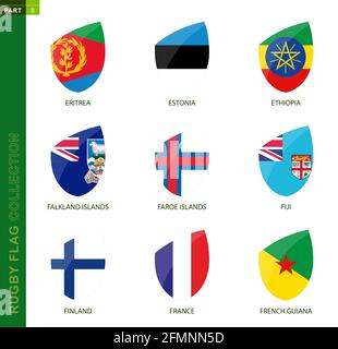 Rugby ball set with the flag of Falkland Islands in various angles on ...