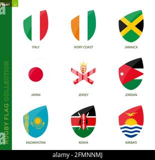 Rugby flag collection. Rugby icon with flag of 9 countries: Italy, Ivory coast, Jamaica, Japan, Jersey, Jordan, Kazakhstan, Kenya, Kiribati Stock Vector