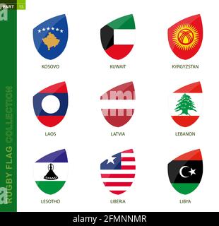 Rugby flag collection. Rugby icon with flag of 9 countries: Kosovo, Kuwait, Kyrgyzstan, Laos, Latvia, Lebanon, Lesotho, Liberia, Libya Stock Vector