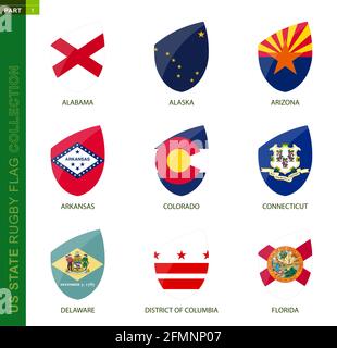 Rugby flag collection. Rugby icon with flag of 9 US states: Alabama, Alaska, Arizona, Arkansas, Colorado, Connecticut, Delaware, District of Columbia, Stock Vector