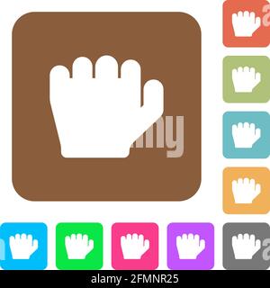Left handed grab gesture flat icons on rounded square vivid color backgrounds. Stock Vector
