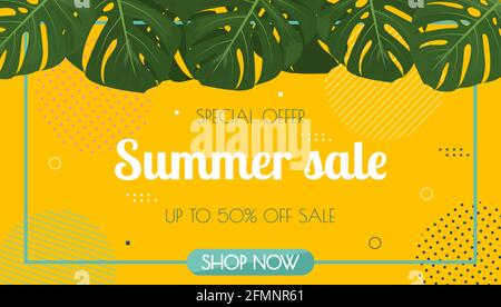 Summer sale horizontal banner with abstract geometric shapes and tropical leaves. Vector illustration in flat style Stock Vector