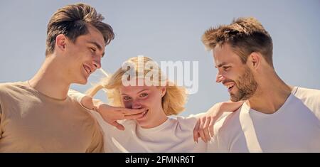 Member friendship wishes to enter into romantic relationship. Friendship love. Friendship relations. Friend zone concept. Happy together. Cheerful Stock Photo