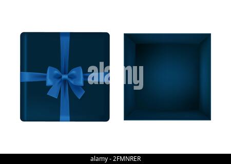 open gift box in dark blue with a blue bow, vector isolated illustration in realistic 3D style Stock Vector