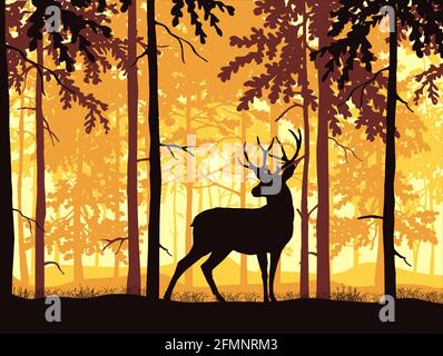 Deer with antlers posing, forest background, silhouettes of trees. Magical misty landscape. Brown, orange and yellow illustration. Stock Vector