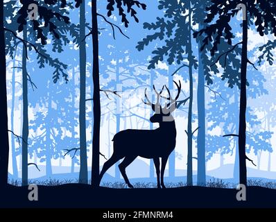 Deer with antlers posing, forest background, silhouettes of trees. Magical misty landscape. Blue and white illustration. Stock Vector