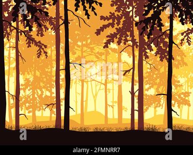 Forest background, silhouettes of trees. Magical misty landscape. Yellow, orange, brown illustration. Stock Vector