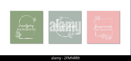 Set of modern frames with eucalyptus branch in pastel colors. Hand drawn vector illustration Stock Vector