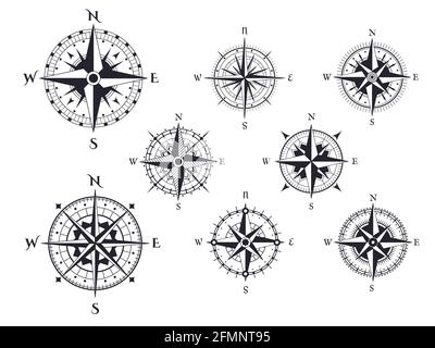 Retro compass. Wind rose nautical direction icons with cardinal points, vintage map compasses elements vector isolated set. Traveling around world, different isolated expedition equipment Stock Vector