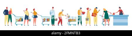 People queue. Customers waiting in line at counter with cashier. Men and women with shopping carts standing at cash desk. Grocery store checkout vector illustration. Characters with trolleys, baskets Stock Vector