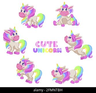 Cute unicorns. Cartoon fairy baby pony in various postures, funny magic horse with horn and rainbow mane isolated vector kids characters. Lovely animals with colorful bright hair and horn Stock Vector