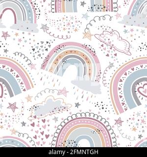 Rainbow seamless pattern. Cartoon rainbows with clouds, hearts and stars in pastel colors for kids textile, wallpaper Vector texture. Minimalistic design for children room decoration Stock Vector