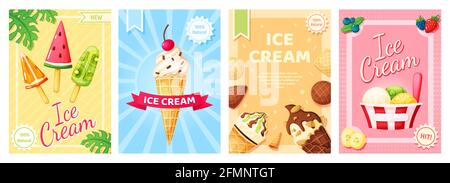 Ice cream poster. Cold summer desserts promotional banner. Flyer template with vanilla, chocolate sundae, fruit ice, popsicle for shop, cafe menu, restaurant vector set. Natural product advertisement Stock Vector
