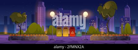 City park with recycle trash bins for separate garbage, wooden benches and town buildings on skyline. Vector cartoon night landscape of public garden with containers for sorting waste Stock Vector