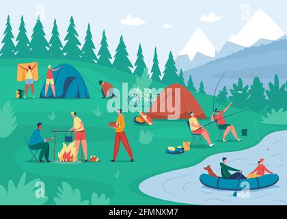 People camp. Friends relaxing near bonfire, cooking food, setting up tent. Tourists camping in forest, summer outdoor activity vector illustration. Men fishing, go boating and having rest Stock Vector
