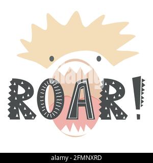 Hand drawn vector illustration of a funny lion face in a crown, with lettering quote Roar in Scandinavian Style. Concept for children print Stock Vector