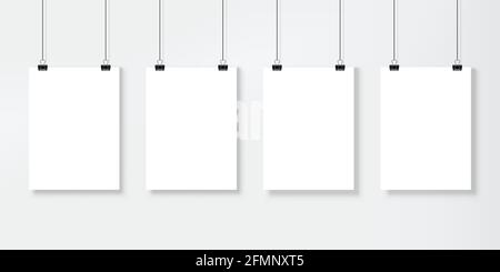 Poster mockup. Blank photo, picture paper frame template with holders and ropes for portfolio, gallery and display. Empty white banners vector set. Paper sheets hanging on binders on wall Stock Vector