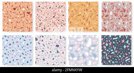 Terrazzo seamless pattern. Modern background with abstract geometric shapes. Polish granite, stone, fabric, home floor texture vector set. Italian stone mosaic or decorative tile collection Stock Vector