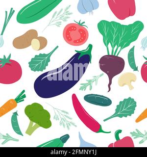 Vegetables pattern. Vegan organic food potatoes, tomato and beets, mushrooms and peppers, carrots and broccoli, garlic seamless vector texture. Healthy and natural products with vitamins Stock Vector