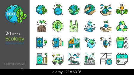 Ecology colored line style icon set. Safe earth,water,energy,renewable concept environment day and earth day. Eco friendly design vector illustration. Stock Vector
