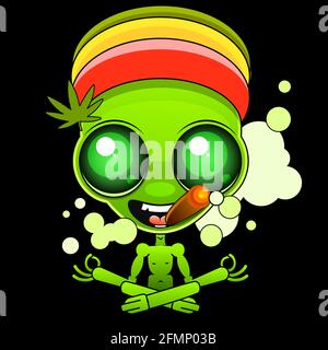 guy, rastaman, With dreadlocks, glasses, with headphones, holds a bong in his hand. Canabis leaf on the background. Template for card, poster, banner Stock Vector