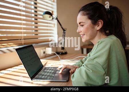 Young brunette woman studying on laptop computer from home, sitting at the desk Stock Photo