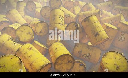 radioactive waste, huge pile of barrels Stock Photo