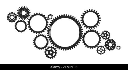 Gear system. Connected cogwheels systems, machine engine mechanism. Abstract technology structure with gears, cogs, wheels vector background. Planning and construction development concept Stock Vector