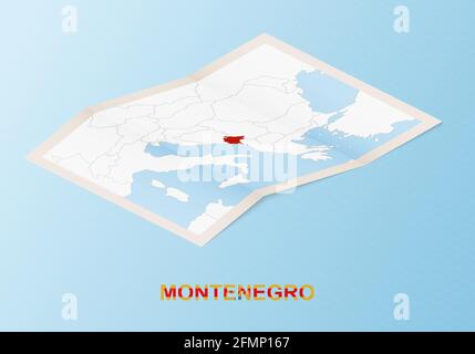 Folded paper map of Montenegro with neighboring countries in isometric style on blue vector background. Stock Vector