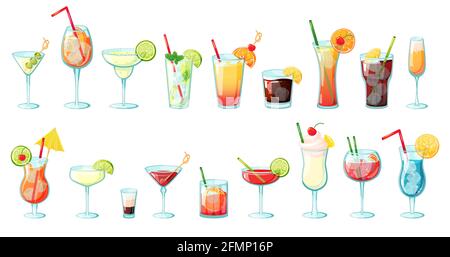 Alcohol drinks. Summer tropical cocktails with ice, citrus fruits, mint. Glasses with alcoholic beverages margarita, martini, mojito vector set. Exotic lemonade with tropical ingredients Stock Vector