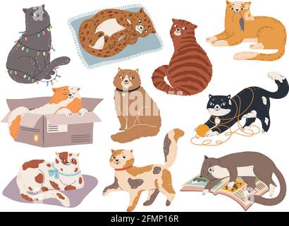 Cute cats. Funny kittens sleep, play and sit, catch mouse. Kitty in various pose, happy and sad cat. Cartoon vector pets isolated characters. Feline in different positions with ball of thread Stock Vector