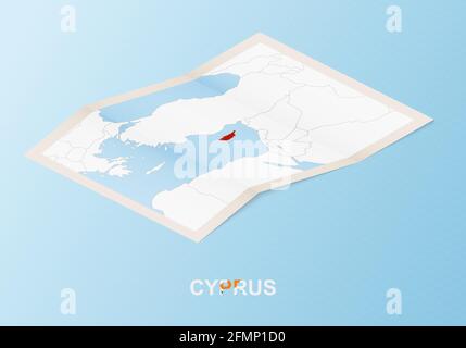 Folded paper map of Cyprus with neighboring countries in isometric style on blue vector background. Stock Vector