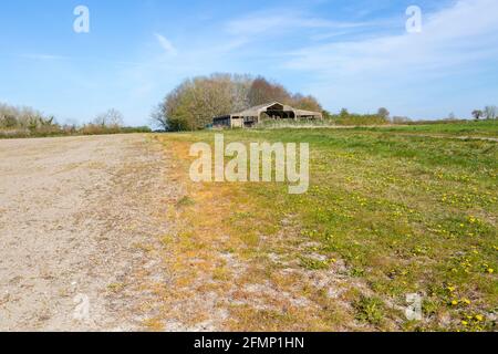 Chalk fields and barn landscape with blue sky, near Compton Bassett, Wiltshire, England, UK Stock Photo