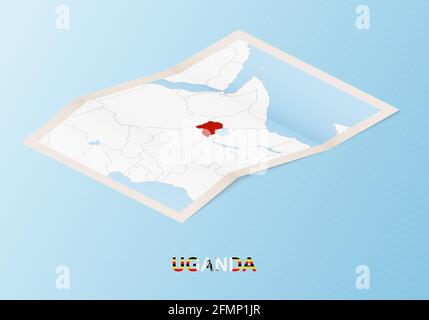 Folded paper map of Uganda with neighboring countries in isometric style on blue vector background. Stock Vector