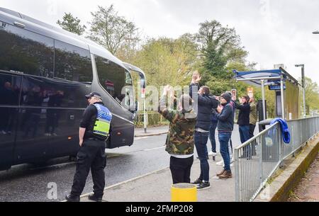 Bolton fans applaud their team as they arrive for the Sky Bet League Two match between Crawley Town and Bolton Wanderers at the People's Pension Stadium  , Crawley ,  UK - 8th May 2021 - Editorial Use Only Stock Photo