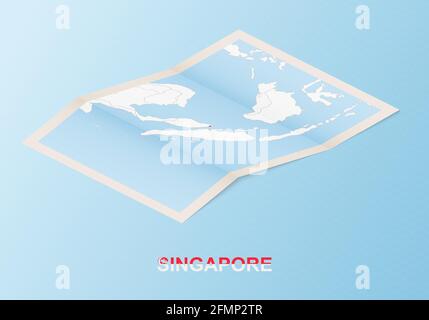 Folded paper map of Singapore with neighboring countries in isometric style on blue vector background. Stock Vector