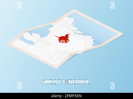 Folded paper map of West Virginia with neighboring countries in isometric style on blue vector background. Stock Vector