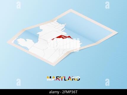 Folded paper map of Maryland with neighboring countries in isometric style on blue vector background. Stock Vector