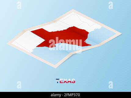 Folded paper map of Texas with neighboring countries in isometric style on blue vector background. Stock Vector