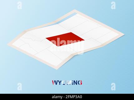 Folded paper map of Wyoming with neighboring countries in isometric style on blue vector background. Stock Vector