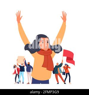 A young female leader shouts and raises her hands, supporting the protests against a backdrop of disaffected protesters, activists with placards. Flat Stock Vector