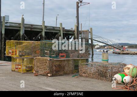 Lobster Pots and Floats on the Jetty at Tremont Harbor, Bernard, on Mount Desert Island, Maine Stock Photo