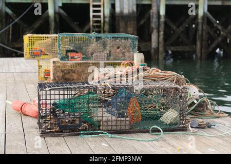 Lobster Traps on the Dock at Tremont Harbor, Bernard, on Mt Desert Island, Maine Stock Photo