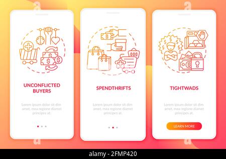 Purchasers types onboarding mobile app page screen with concepts Stock Vector