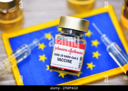 Covid Vaccine Of Johnson And Johnson In Front Of EU Flag, Symbolic Image