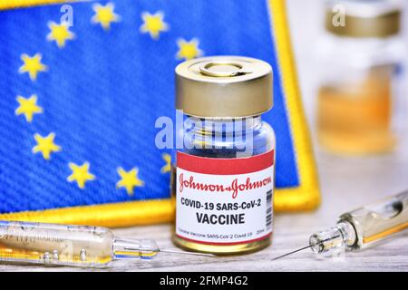 Covid Vaccine Of Johnson And Johnson In Front Of EU Flag, Symbolic Image