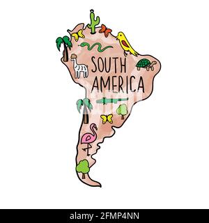 Hand drawn doodle map of South america continent. Simple funny national symbols. Trees and animals. Endemic flora and fauna. Vector illustration Stock Vector