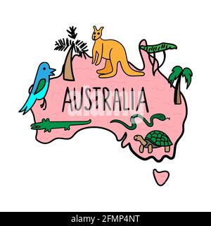 Hand drawn doodle Australia map. National symbols, animals, trees.  nature, weather, sightseeing infographic. Vector illustration Stock Vector