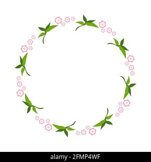 Hand drawn doodle floral frame. cherry flower in bloom, green leaves. Simple line with the ink pen or pencil. Wedding anniversary decoration. Vector i Stock Vector