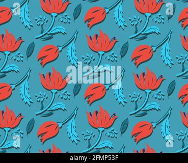 Scarlet flower on turquoise background. Seamless pattern. Vector floral bright pattern for wrapping paper, fabric, cloth, cover. Vector illustration. Stock Vector